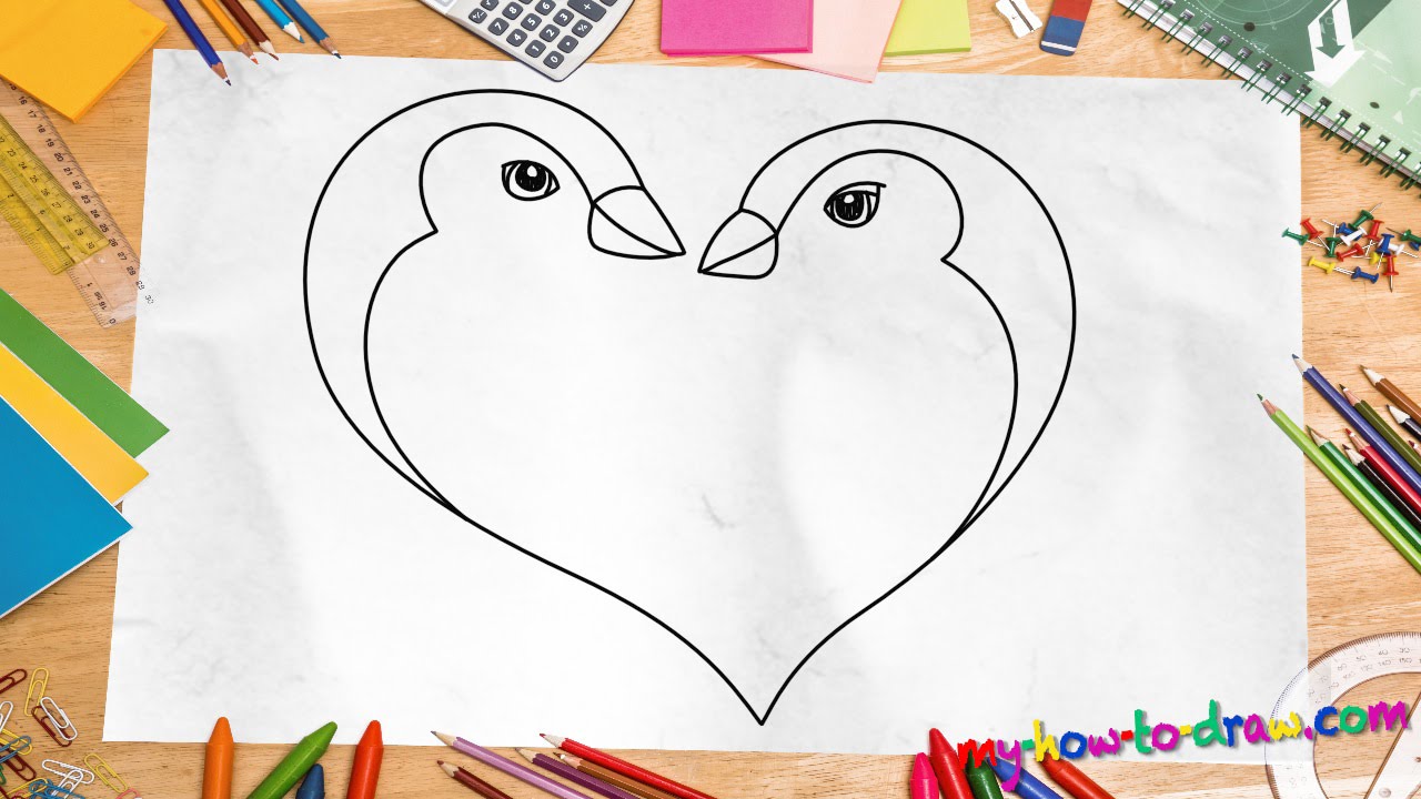 How to draw a Penguin Love Heart - Easy step-by-step drawing lessons