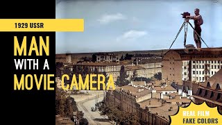 Man with a movie camera. Colorized.
