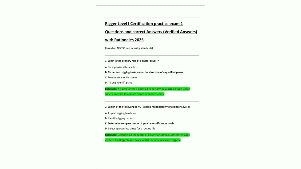 Rigger Level I Certification practice exam 1  Questions and correct Answers Verified Answers  with R