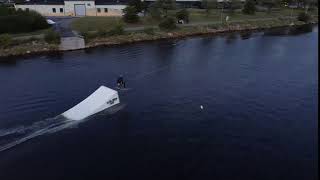Wakeboard kicker 360 fail - drone view, Malmoe Wake Park, July 2020