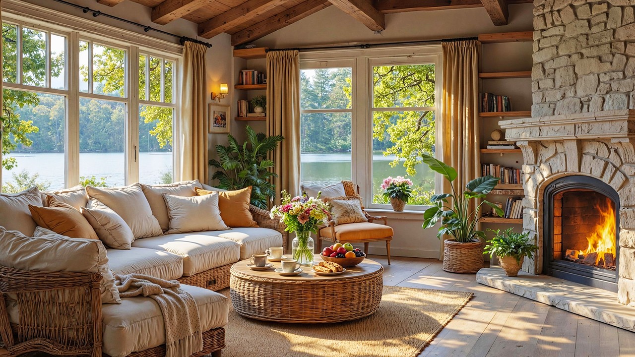 Cozy Spring Ambience 🌺 Relaxing Piano Music and Crackling Fireplace for Stress Relief