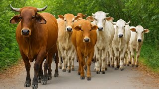 Puluhan Sapi Di Pagi Hari Yang Berlarian Di Jalan Menuju Ladang Suara Sapi Moo Kawanan Sapi Lucu