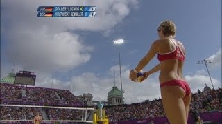 Two german women's beach volleyball teams face off as the team of
goller and ludwig defeat holtwick semmler at horse guards parade part
lon...