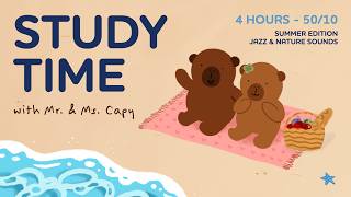 Study with Mr. & Ms. Capy | 4 Hour Pomodoro (50/10 min) | Jazz & Nature Sounds