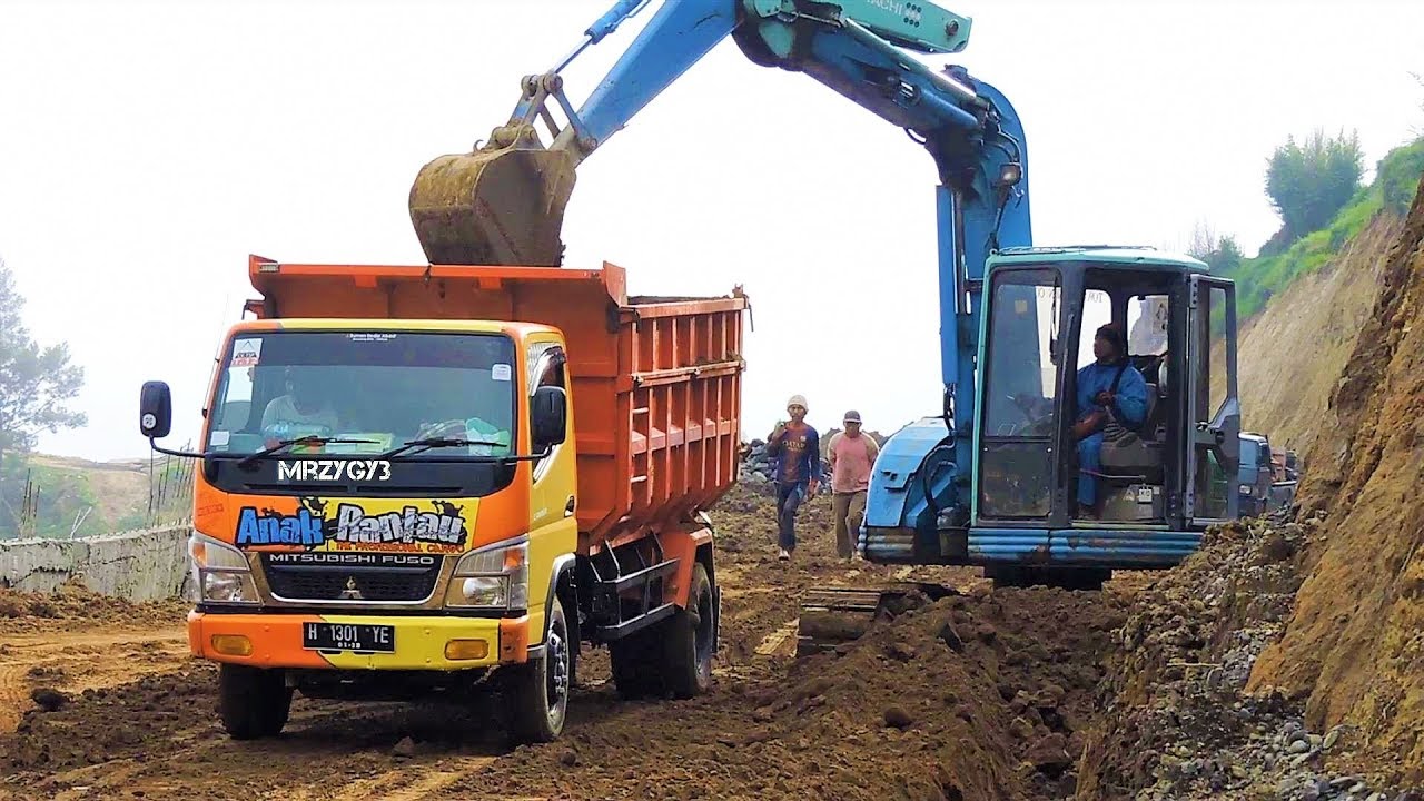 Mini Excavator Dump Truck Dozer Working On Road Construction Sembungan