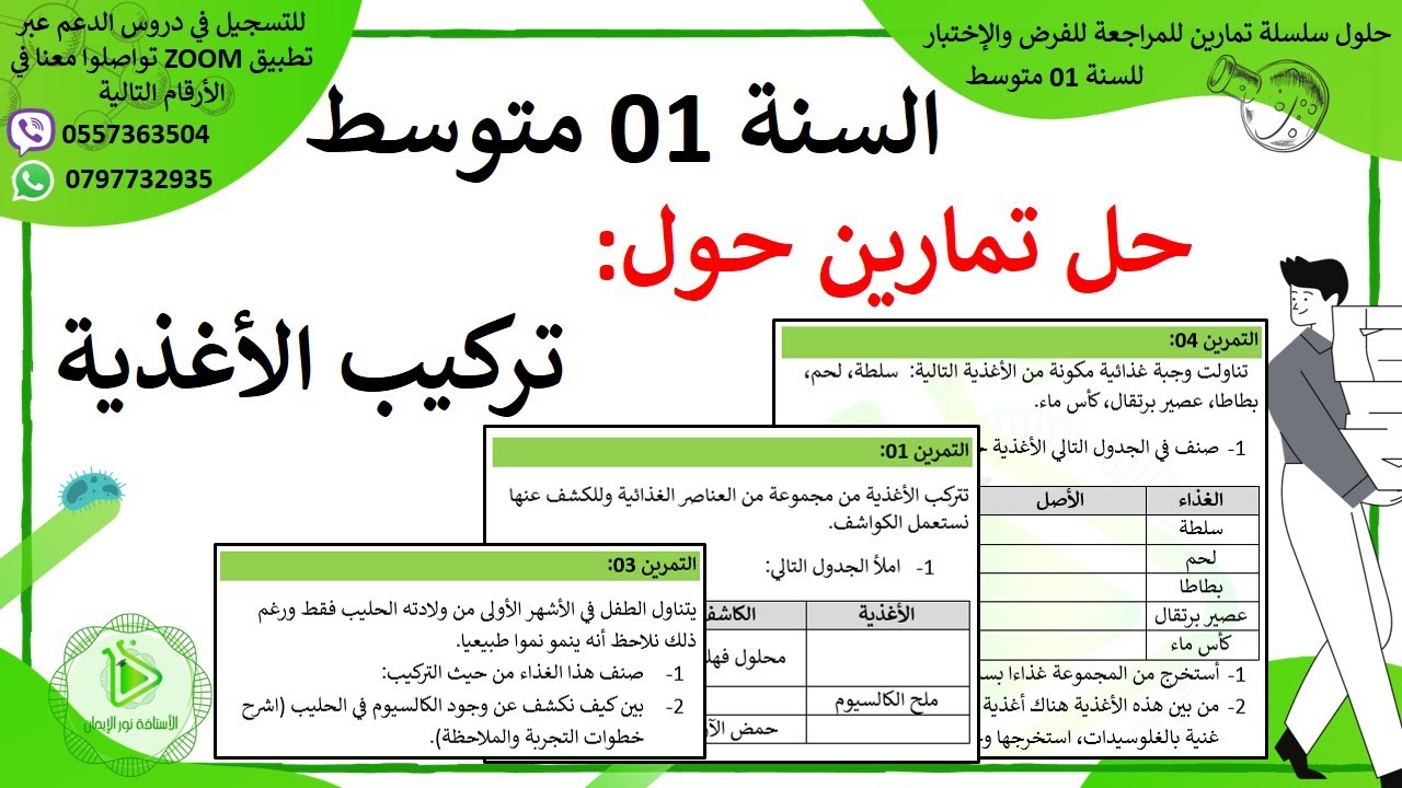 تمارين للتحضير للفرض والإختبار الأول حول تركيب الأغذية علوم طبيعية سنة 01 متوسط