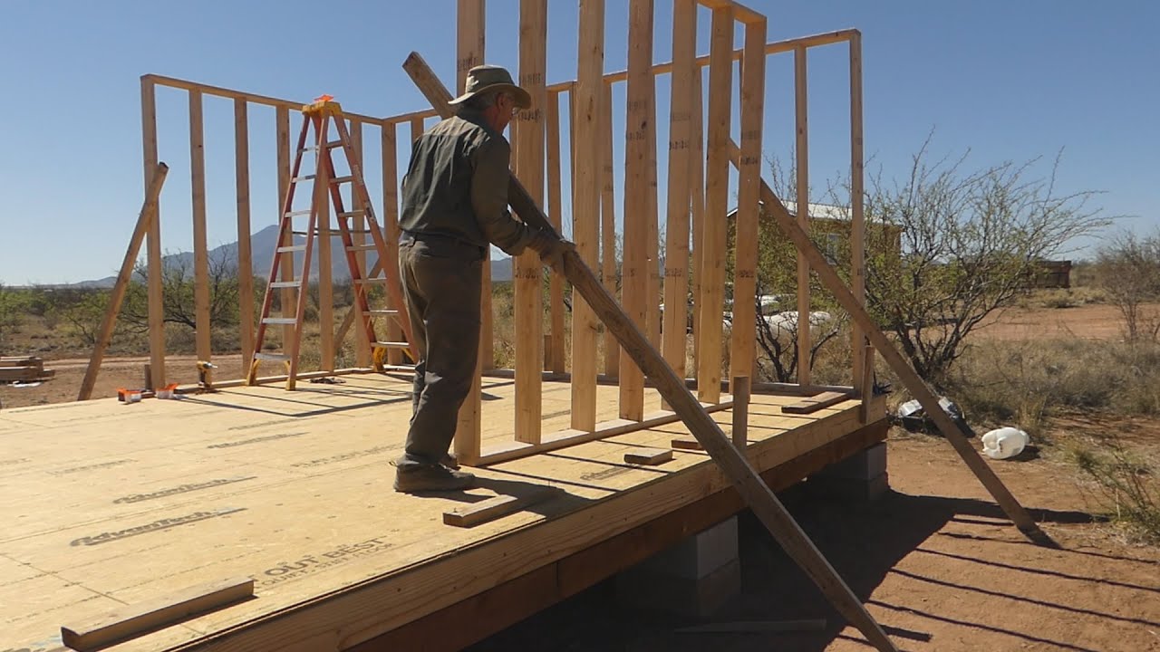 Off grid senior solo wall framing for 16x40 cabin - YouTube