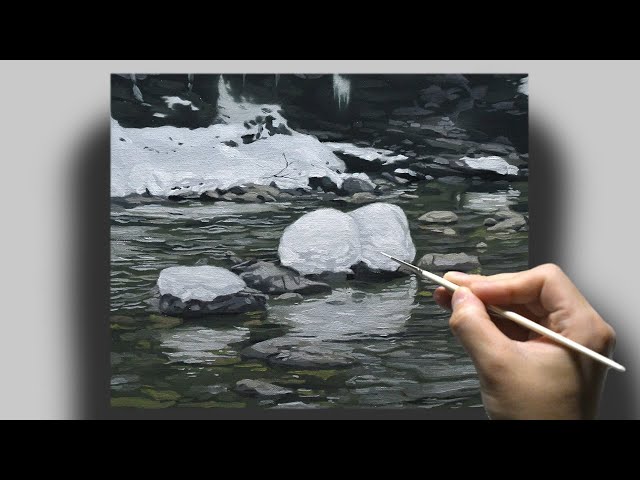 油絵] 3時間40分で描くリアルな冬の川の風景のメイキング | 描き