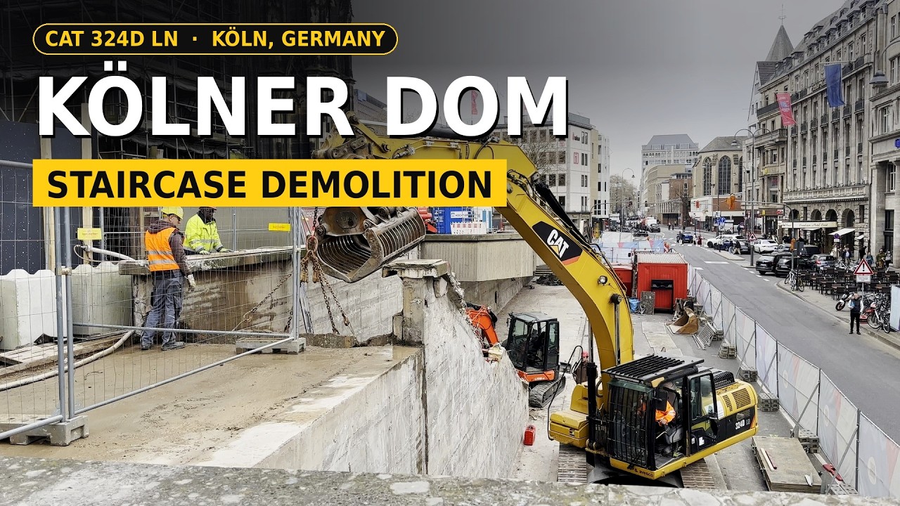 CAT 324D LN excavator battle to remove a staircase at the iconic Kölner ...