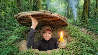 Amazing Girl Builing Hidden Dugout Under a Stump. Warm secret shelter. Bushcraft Survival