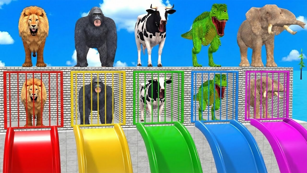 Long Slide Game with Cow Elephant Gorilla Hippopotamus Tiger 3d Animal Game Funny 3d Animals