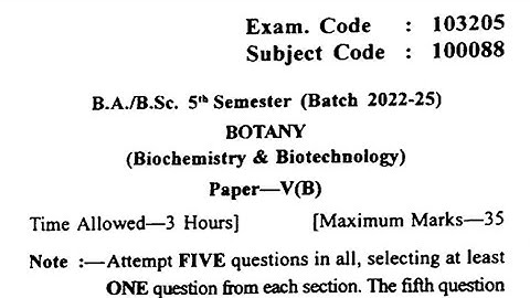 Gndu BSc 5th Semester Botany Question Paper | Biochemistry & Biotechnology Question Paper 2024