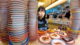 The staff made a bet on how many plates of sushi I ate Eating round sushi for 1,300 won per plate