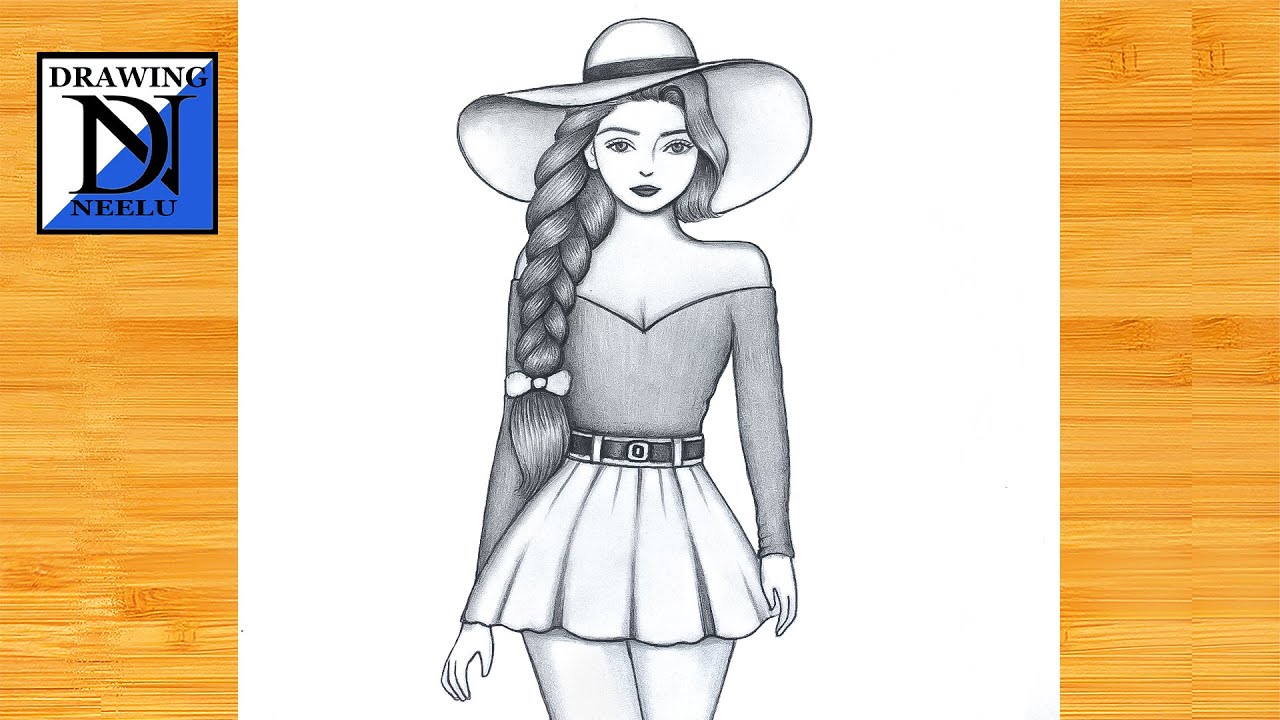 How to draw a Girl wearing Big Hat Pencil sketch for beginner
