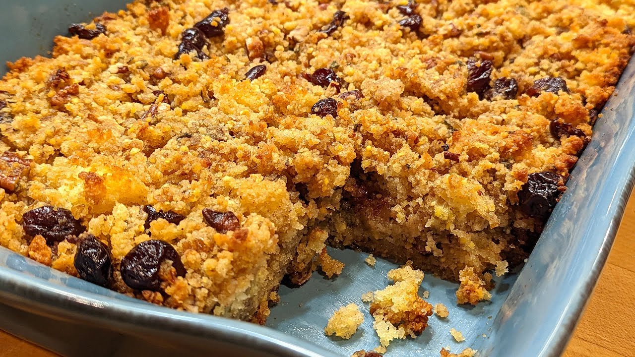 Dressed Up Cornbread Stuffing With Dried Cherries + Candied Pecans