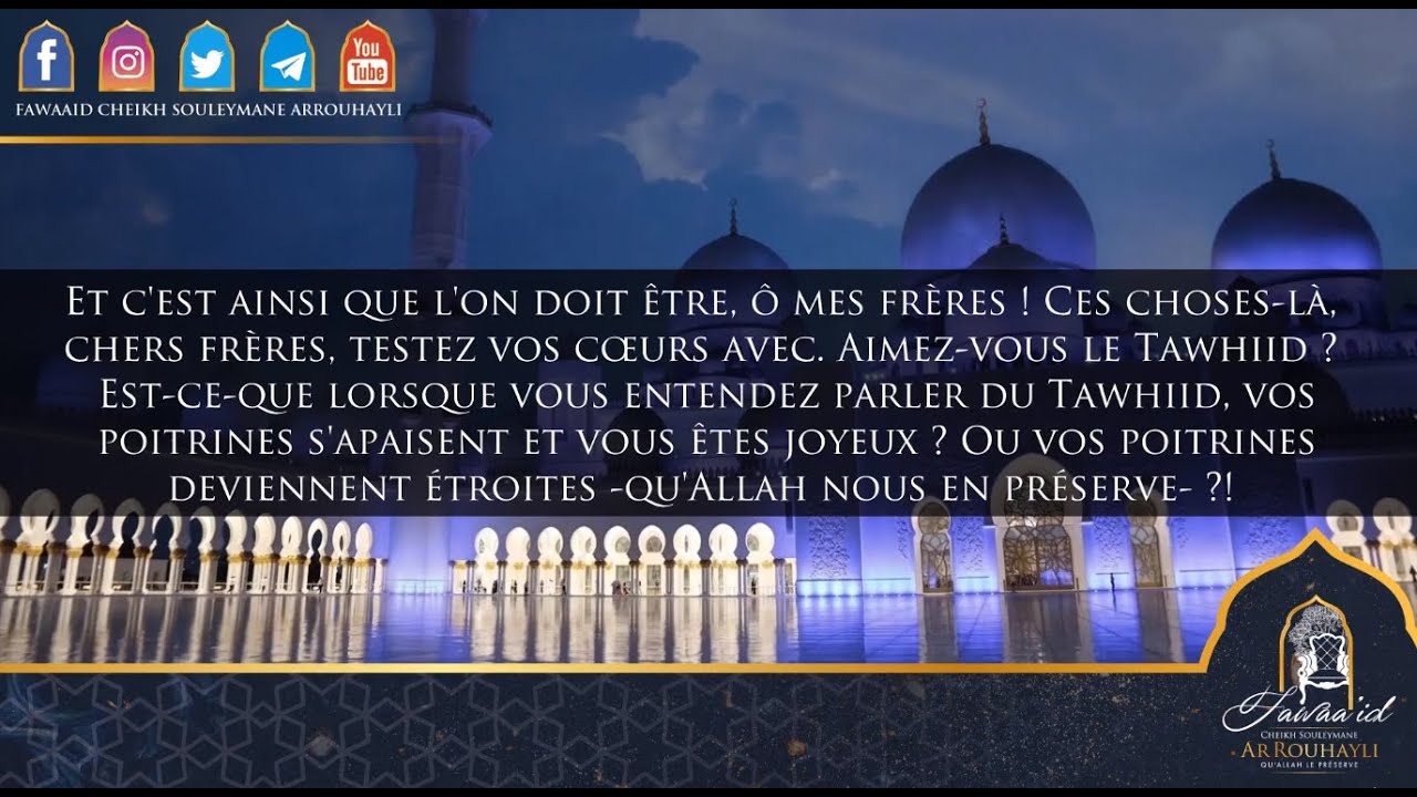 Teste ton cœur ! Aimes-tu le Tawhid ?! - Cheikh Souleymane Arrouhayli -qu'Allah le préserve-