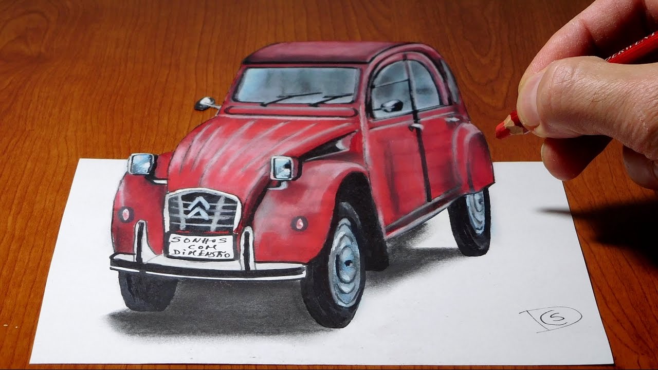 3d painting old Citroen 2CV   visual illusion