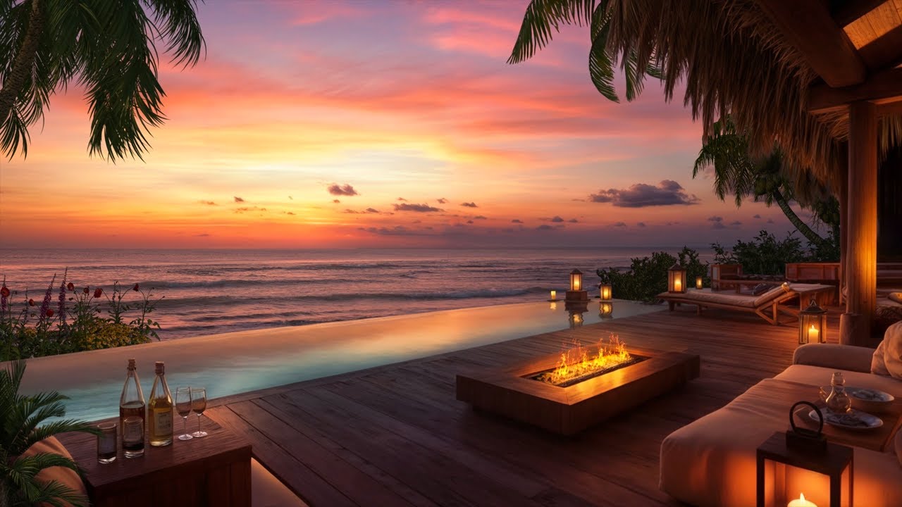 🌞Healing Beach Sunset Ambience | Gentle Ocean Waves & Cozy Campfire for Deep Relaxation, Focus