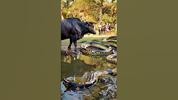 Big python hunts wild buffalo in the lake  #youtubeshorts #snake #pythonsnake #animals #rareanimals