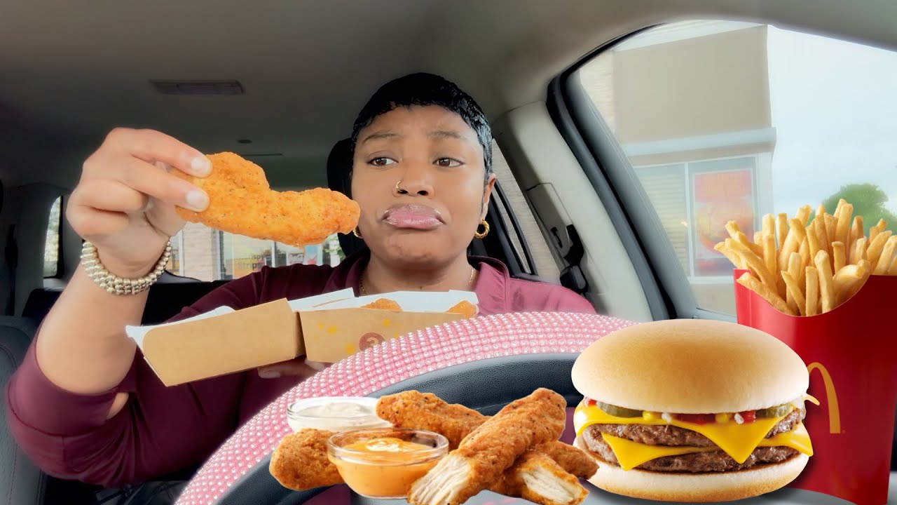 TRYING MCDONALD'S NEW CHICKEN STRIPS + DOUBLE CHEESE BURGER AND LARGE FRY !!! MUKBANG!!