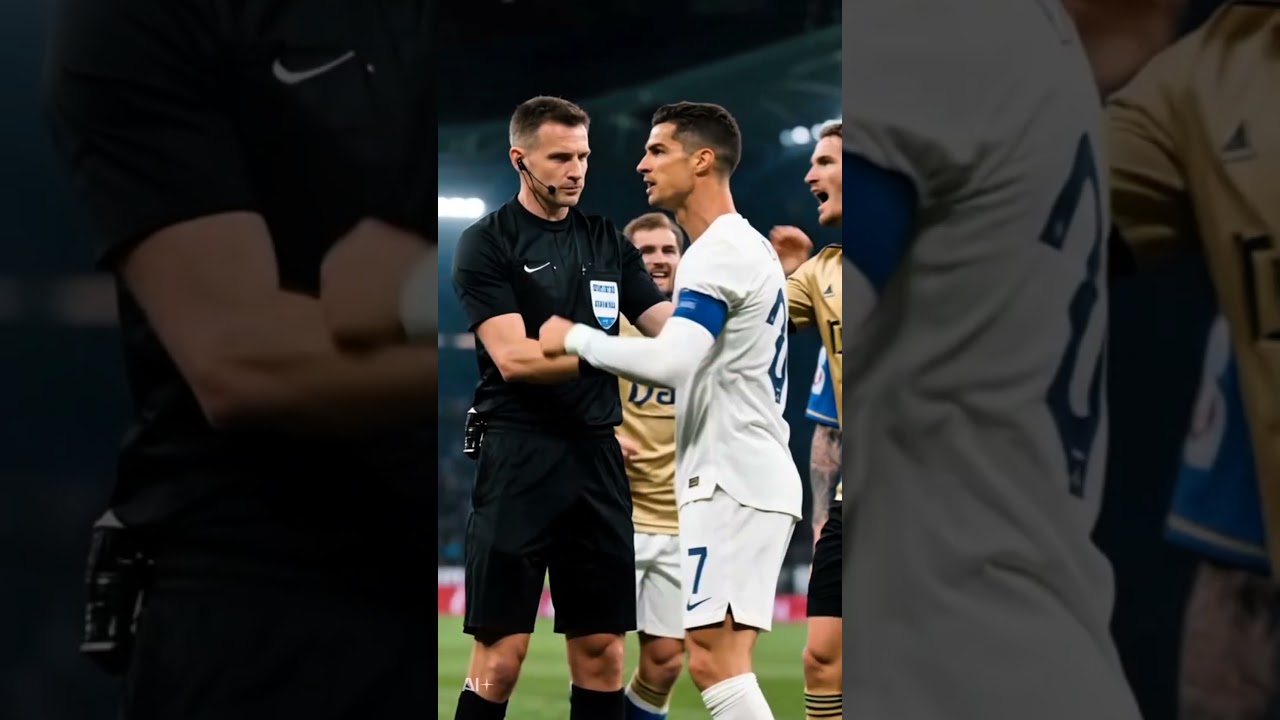 Ronaldo and Messi arguing with referees as fans react wildly in the stands.Realistic 