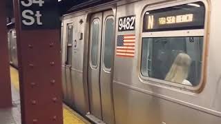 R160s #9482 & #9473 (N) leaving + R160s #8847 & #8993 (W) arriving at 34th Street - Herald Square