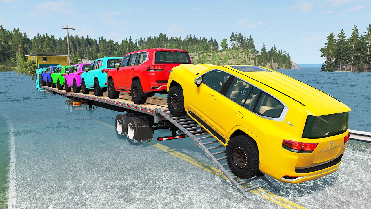 Triple Flatbed Trailer McQueen Transportation with Truck - Speedbumps vs Cars vs Train - BeamNG #7
