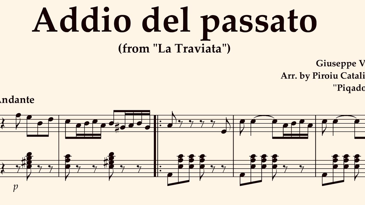 G. Verdi - Addio del passato La Traviata arr. by Piqado for Solo Piano Sheet Music Easy to Read 