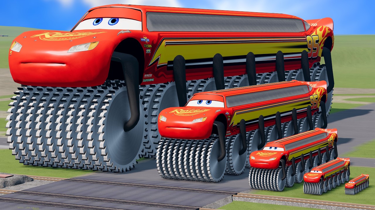 Big & Small Long Lightning Mcqueen Double Monster Saw Wheels vs Trains | BeamNG.drive