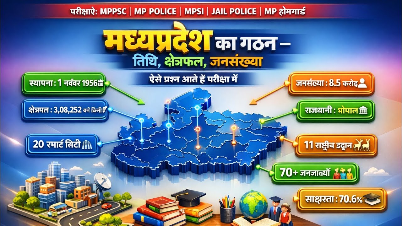 मध्यप्रदेश का गठन | 1 नवम्बर 1956 | क्षेत्रफल व जनसंख्या | MP GK | MPPSC 2026