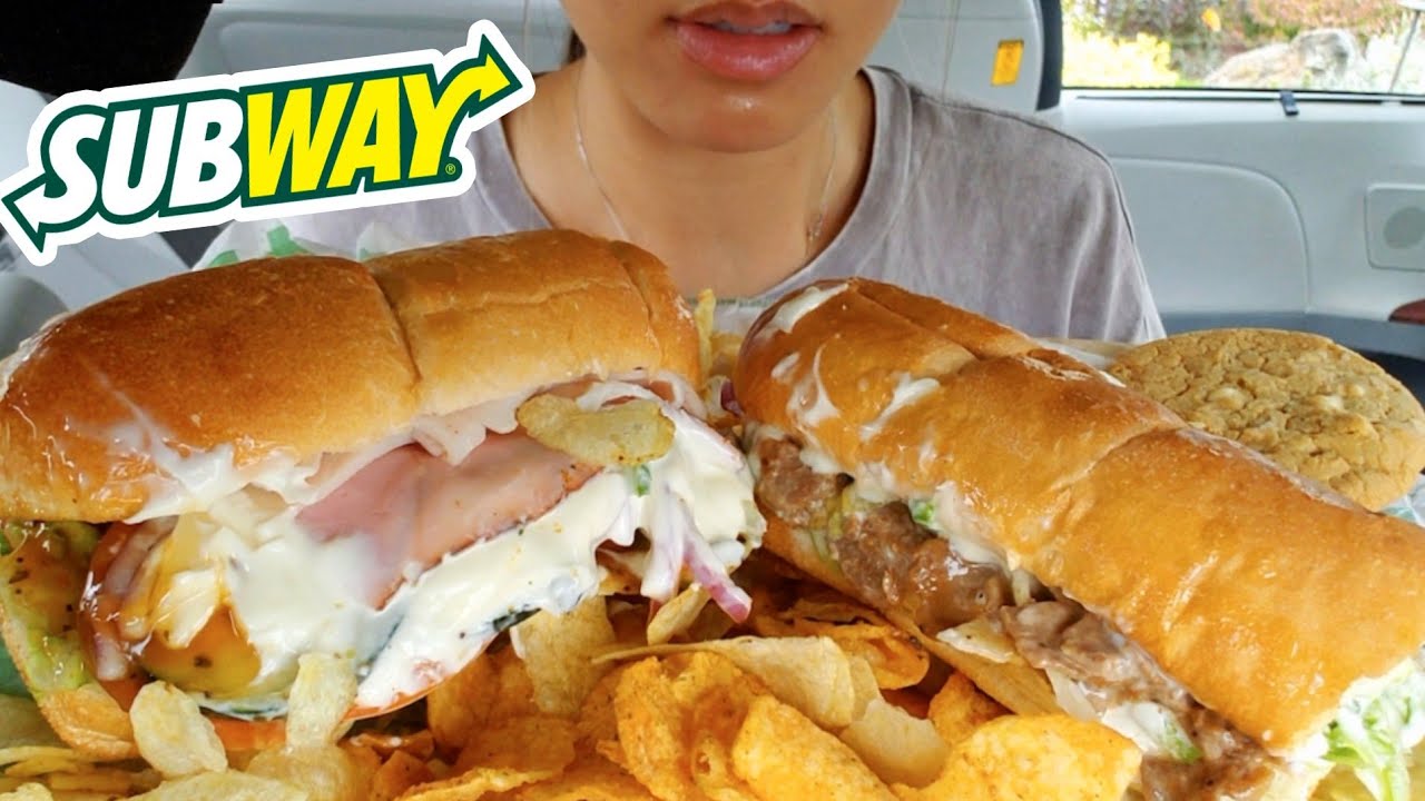 ASMR EATING SUBWAY CAR MUKBANG TURKEY HAM SANDWICH + STEAK & CHEESE 먹방 NO TALKING REAL TWILIGHT SHOW