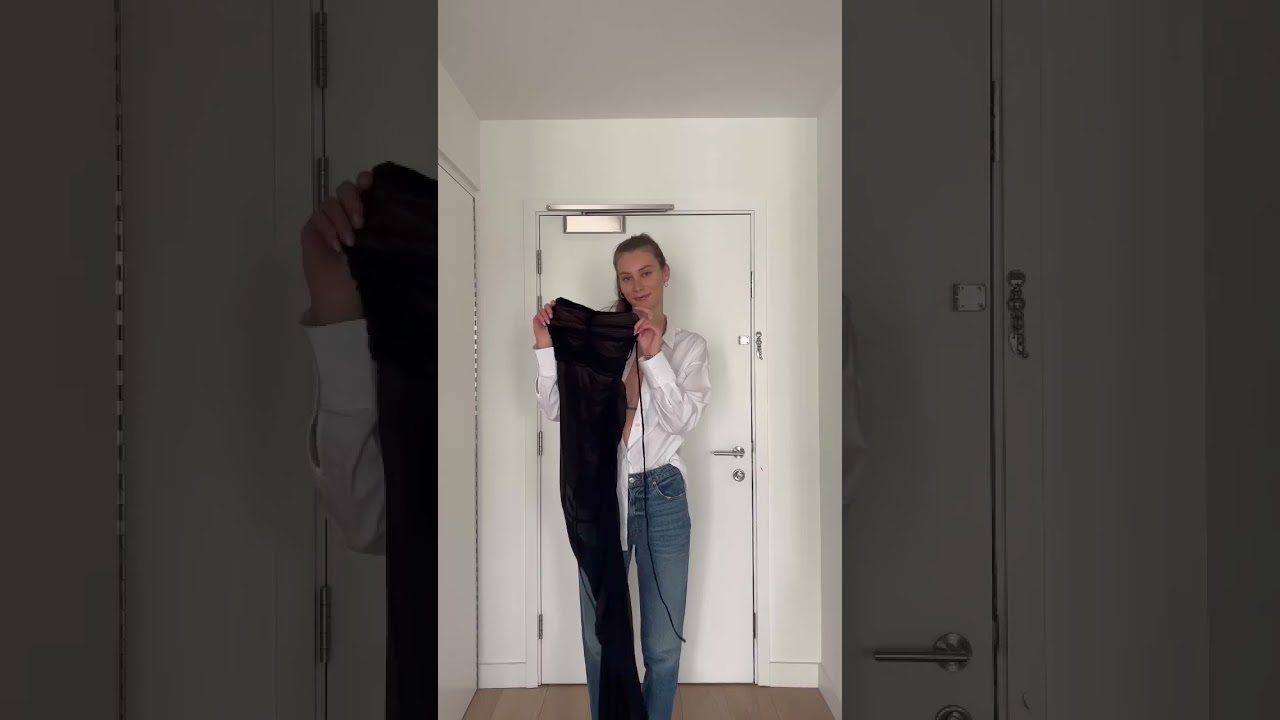 Try on of Michael Costello black mesh gown