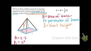 Surface area square pyramid given perimeter and slant height