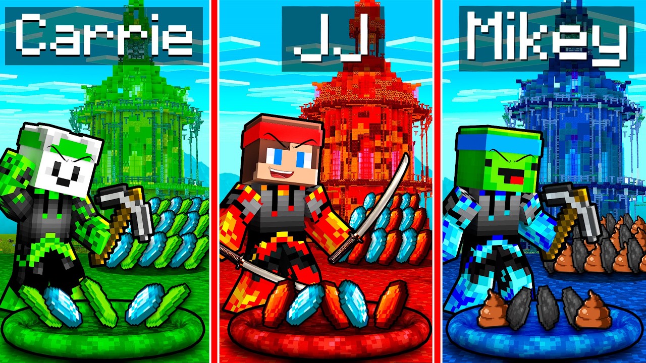 JJ vs Mikey vs Carrie: ELEMENTAL NINJA CASTLE BATTLE In Minecraft - Maizen