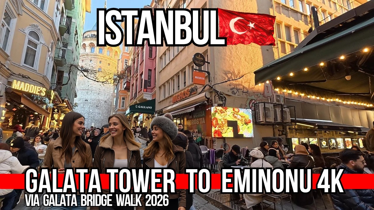 Historic Istanbul Sunset 4K Walk: Galata Tower, Galata Bridge & Eminonu | Cafes, Shops & Bosphorus
