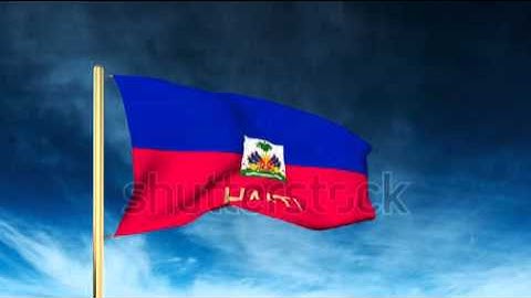 Haiti flag slider style with title. Waving in the wind with cloud background animation Stock video