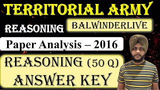 Territorial Army | TA Reasoning Solved Paper | Previous Year Questions | Territorial Army 2016