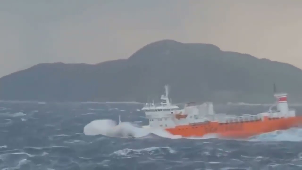 Ship Underway, Severe Weather, Very High Waves, Ship Rolling And ...