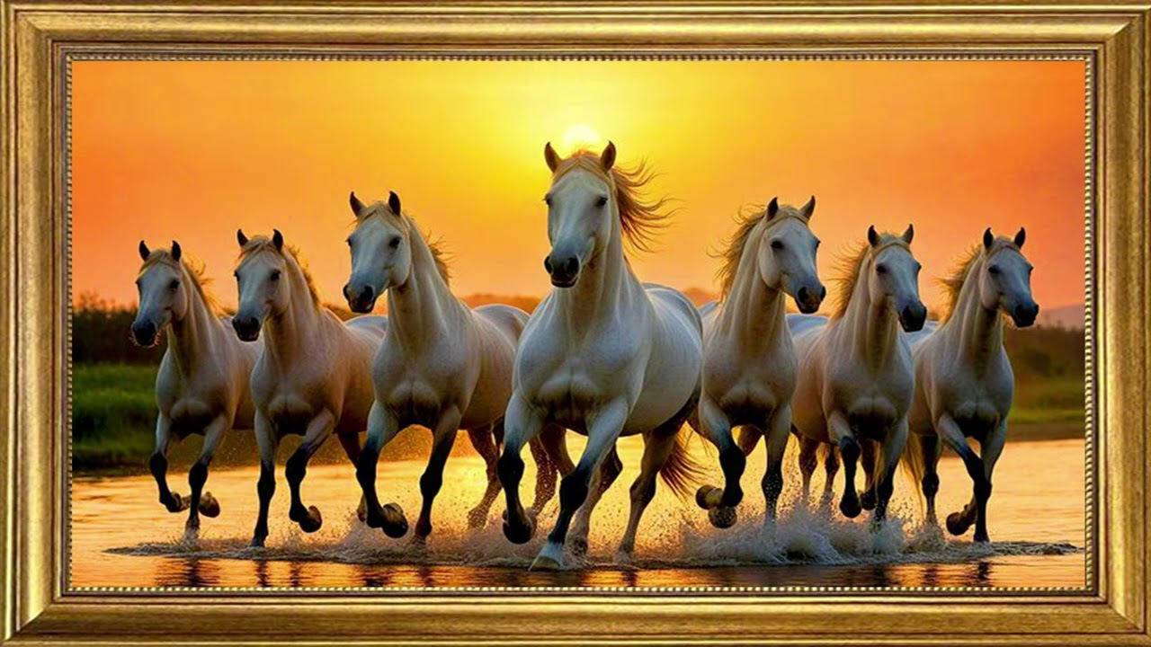 Luxury TV screen in a frame with a magnificent white horse painting. Luxury TV wallpaper inspiration