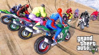 SUPERHEROES Motorcycles Challenge on Rampa with Spiderman, Hulk, Ironman, Black Panther - GTA V MODS