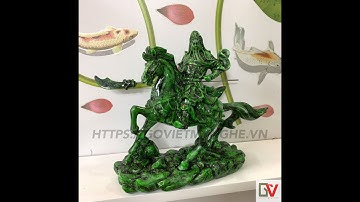 Tượng đá Quan Công phong thủy - Quan Công cầm đao cưỡi ngựa - Dài 25cm - Màu xanh lục bích