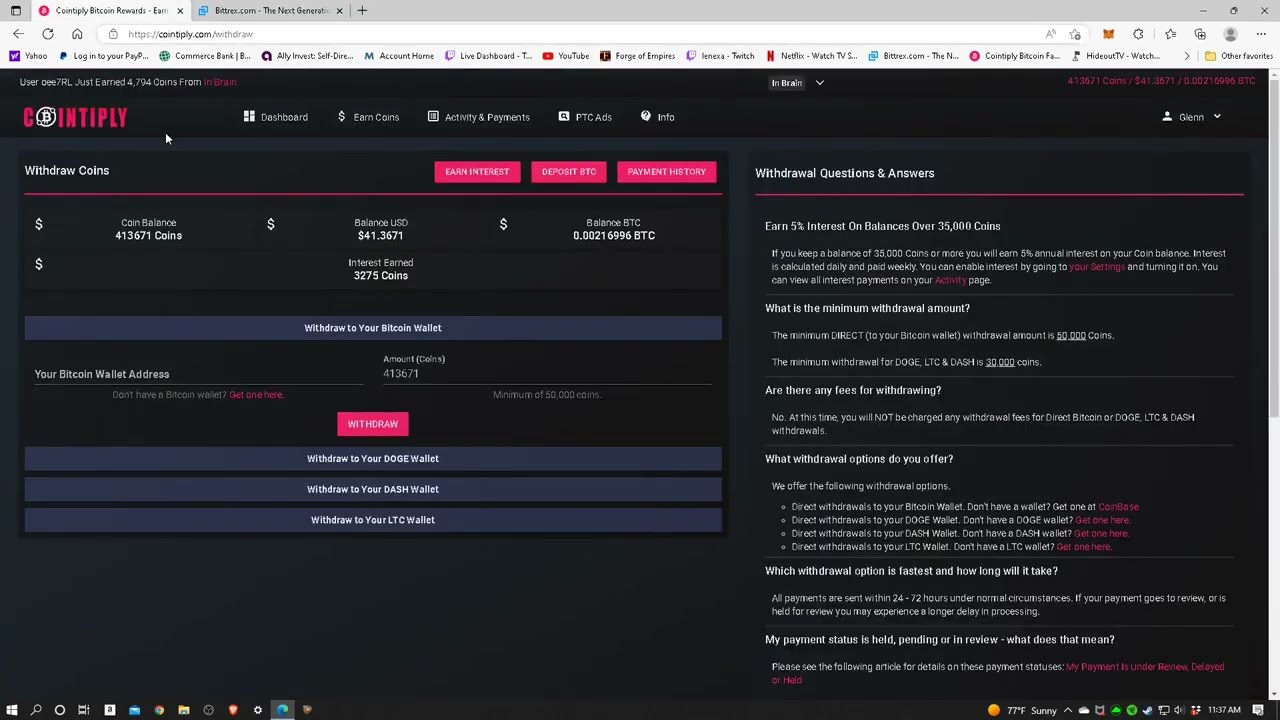 Cashing Out your Bitcoin Earnings on Cointiply.com