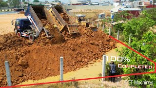 Ultimate Landfilling Process 100% Completed By Dump Trucks 5T & Bulldozer Spreading Stone Into Water