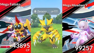 Mega mewtwo's, Zeraora with Mega falinks in pokemon go.