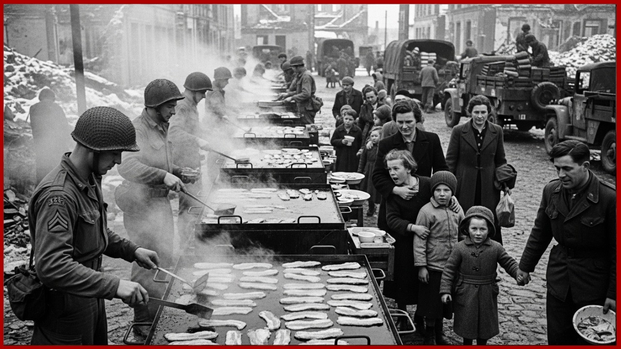 German Civilians Followed the Smell of Bacon — Found a U.S. Field Kitchen Feeding Their Kids