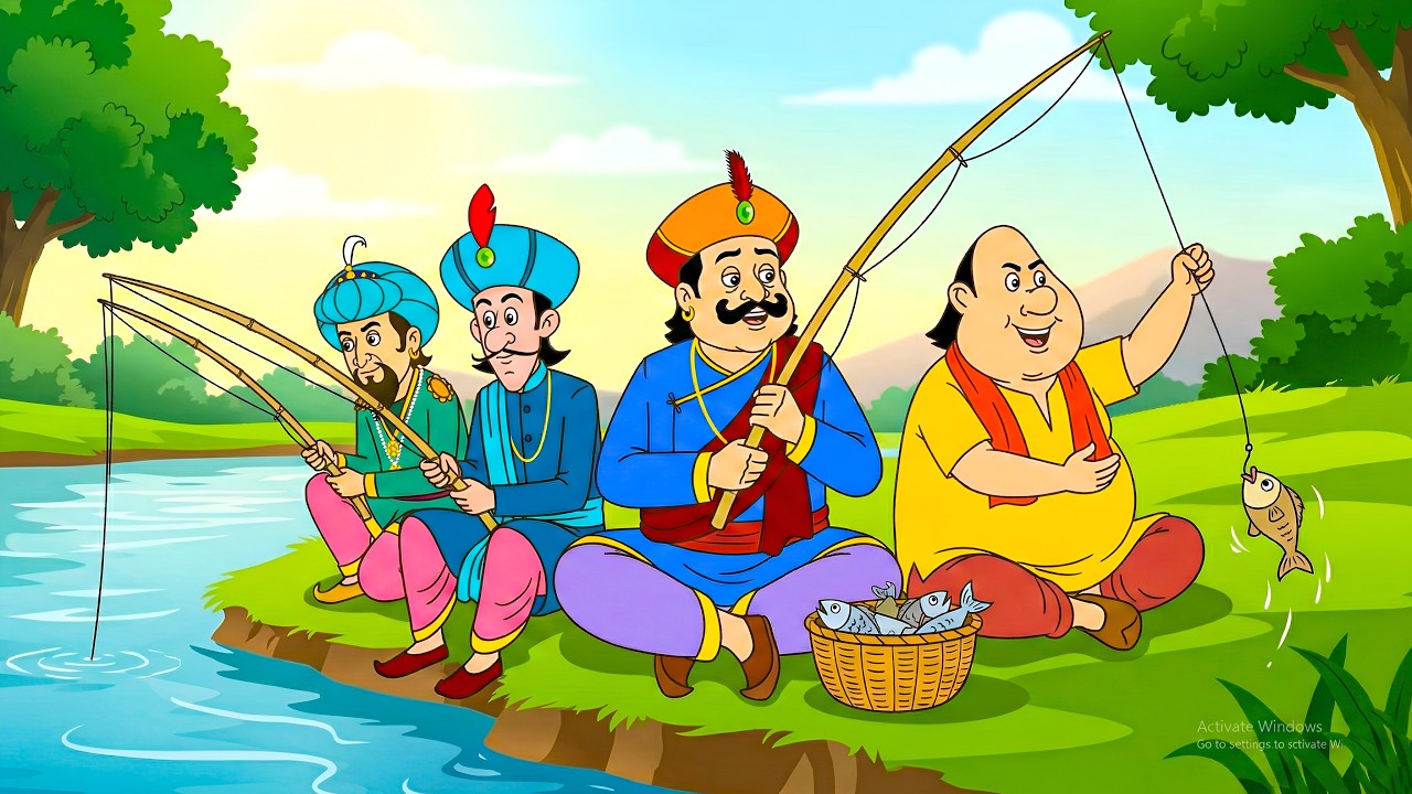 রাজা এবং গোপাল ভাঁড় পুকুরে মাছ মারছেন।   | Gopal Bhar |episode