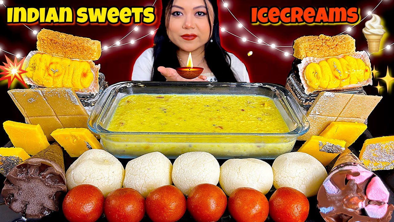 EATING GULAB JAMUN, RASGULLA, KHEER, ICECREAMS, KAJU KATLI | INDIAN SWEETS ASMR | MUKBANG