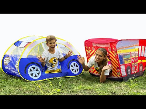 Mark and Mom went for a walk with toy car tents