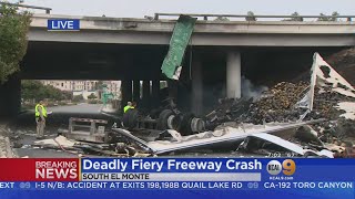 Eastbound lanes of the 60 freeway are shut down after a fiery crash in
south el monte. semi-truck fell off freeway. joy benedict reports.