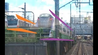 銀河鉄道999が宇宙に飛び立つように上に向って途切れた線路で留置されているE353系沿いを走行していく渋谷駅～新宿駅を走行する湘南新宿ライン北行E231系の前面展望